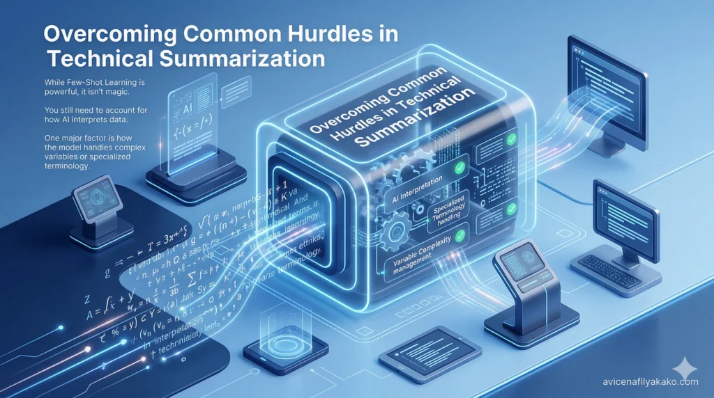 Overcoming Common Hurdles in Technical Summarization - Image avicenafilyakako.com A digital tunnel graphic showing data passing through a filter, representing how Few-Shot Learning solves common summarization challenges.