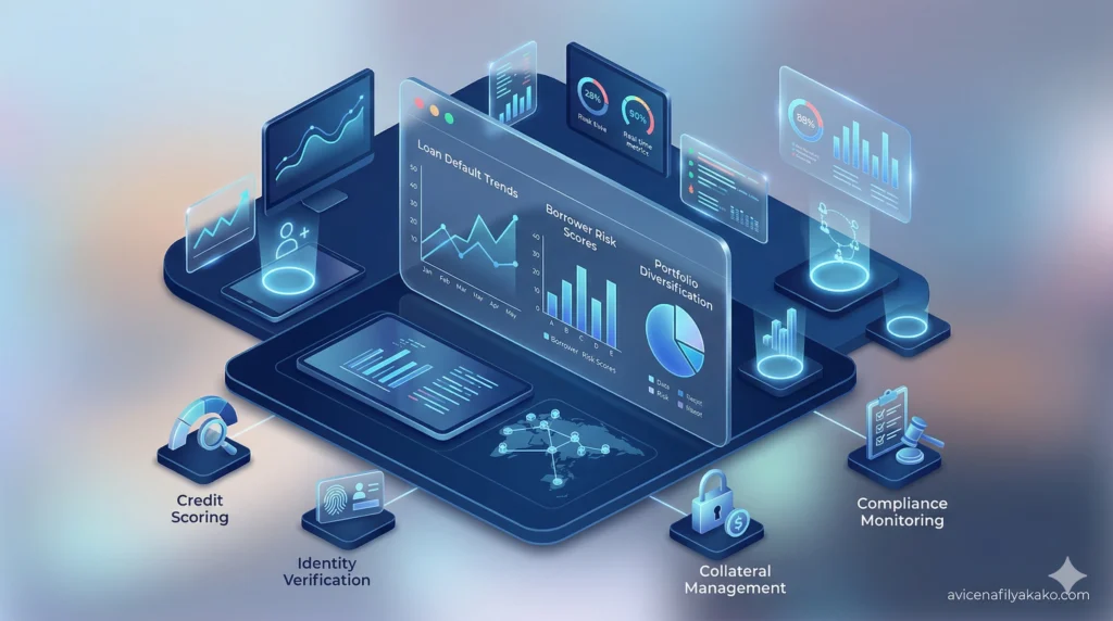 A strategist analyzing a blue-toned dashboard that monitors loan performance and secondary market activity for P2P Lending.