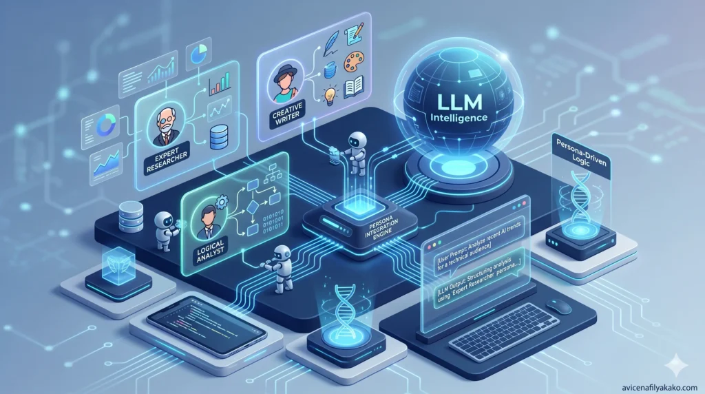 A 3D isometric visualization of an LLM core being shaped by various professional persona-driven profiles to enhance specialized intelligence.