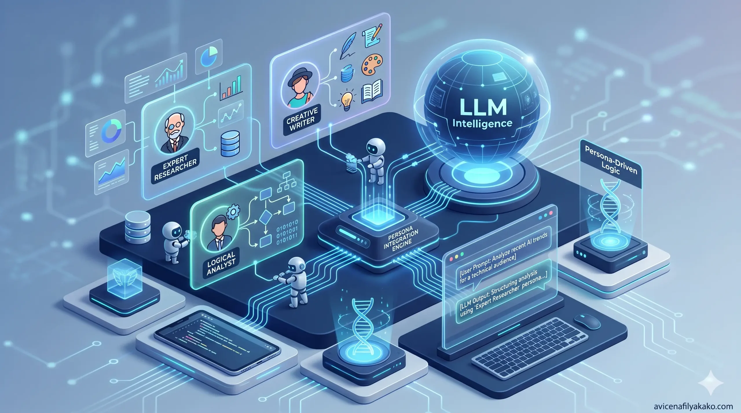 A 3D isometric visualization of an LLM core being shaped by various professional persona-driven profiles to enhance specialized intelligence.