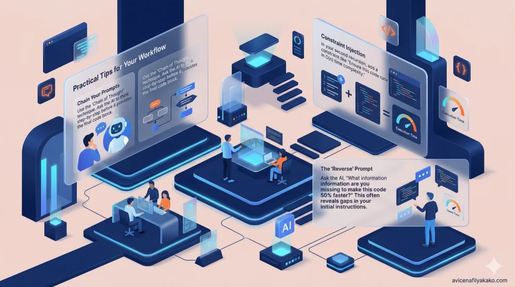 An infographic-style image showing a professional managing a workflow of interconnected prompt modules powered by Recursive Prompting.