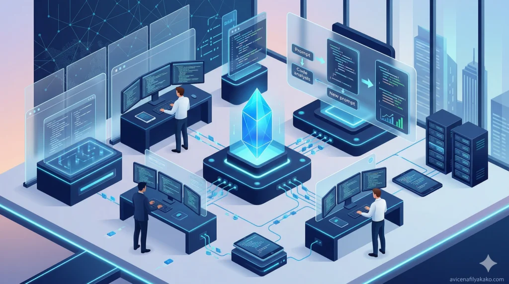 A glowing blue data crystal being processed by multiple AI workstations, symbolizing the high-level optimization achieved through Recursive Prompting.