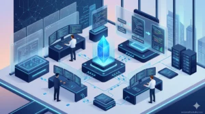 A glowing blue data crystal being processed by multiple AI workstations, symbolizing the high-level optimization achieved through Recursive Prompting.
