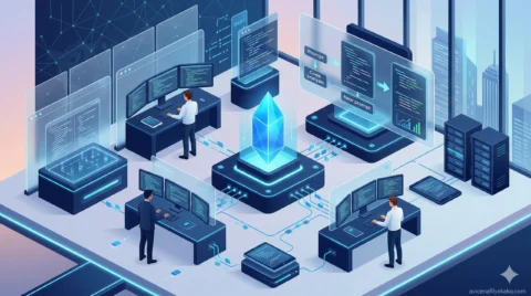 A glowing blue data crystal being processed by multiple AI workstations, symbolizing the high-level optimization achieved through Recursive Prompting.