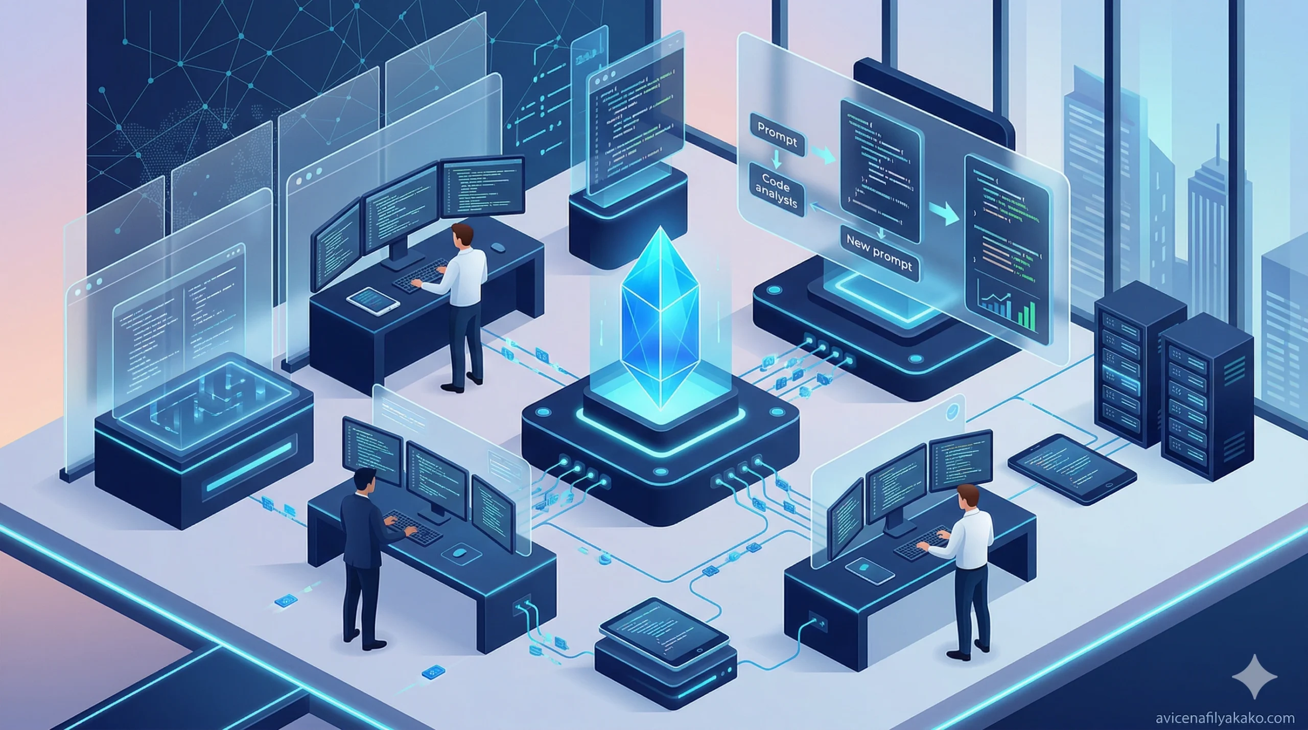 A glowing blue data crystal being processed by multiple AI workstations, symbolizing the high-level optimization achieved through Recursive Prompting.