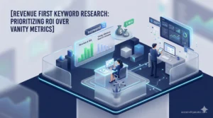 A digital office setting with a strategist analyzing a dashboard that compares high-volume vanity metrics against a Revenue First ROI model.