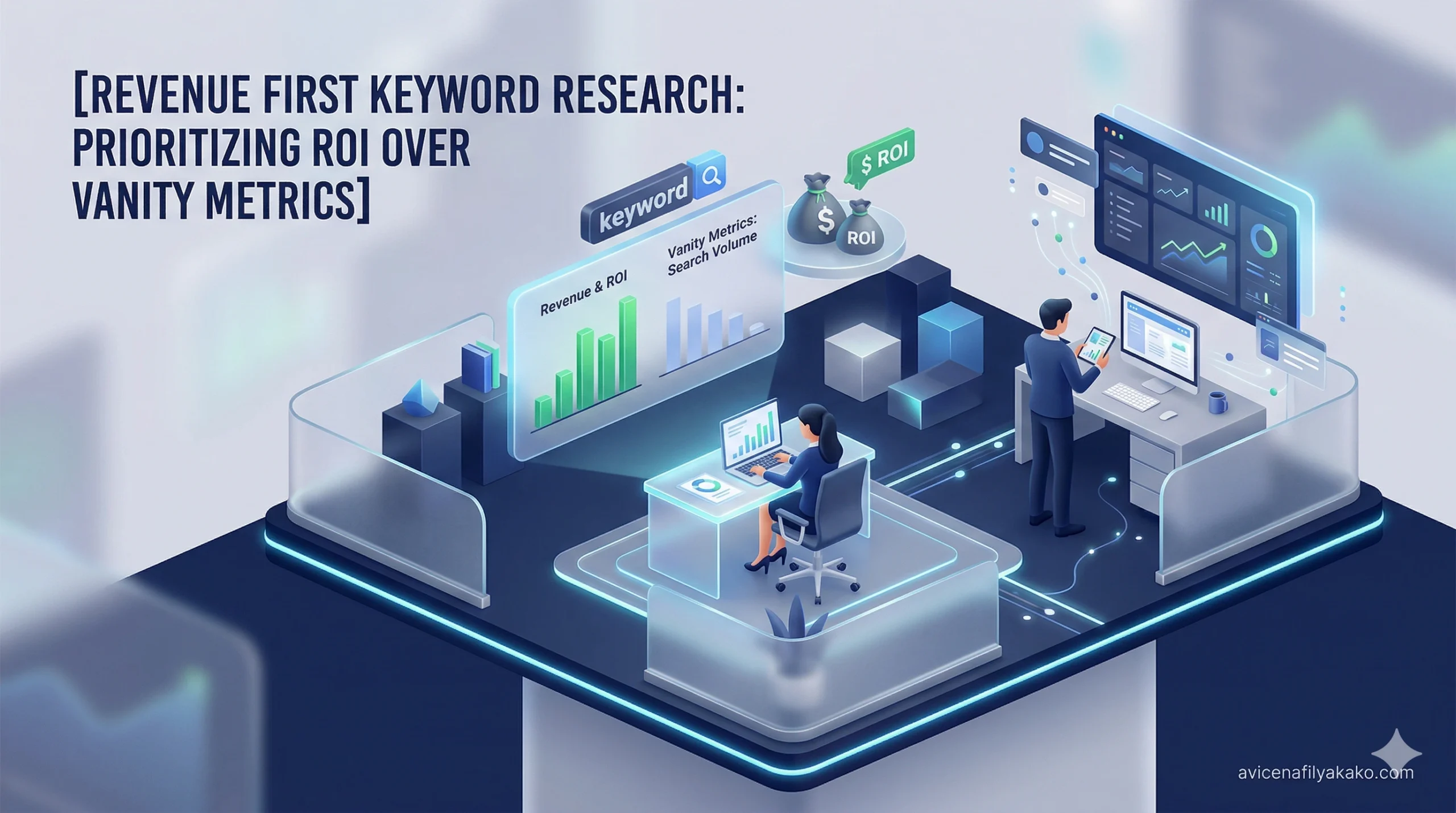 A digital office setting with a strategist analyzing a dashboard that compares high-volume vanity metrics against a Revenue First ROI model.