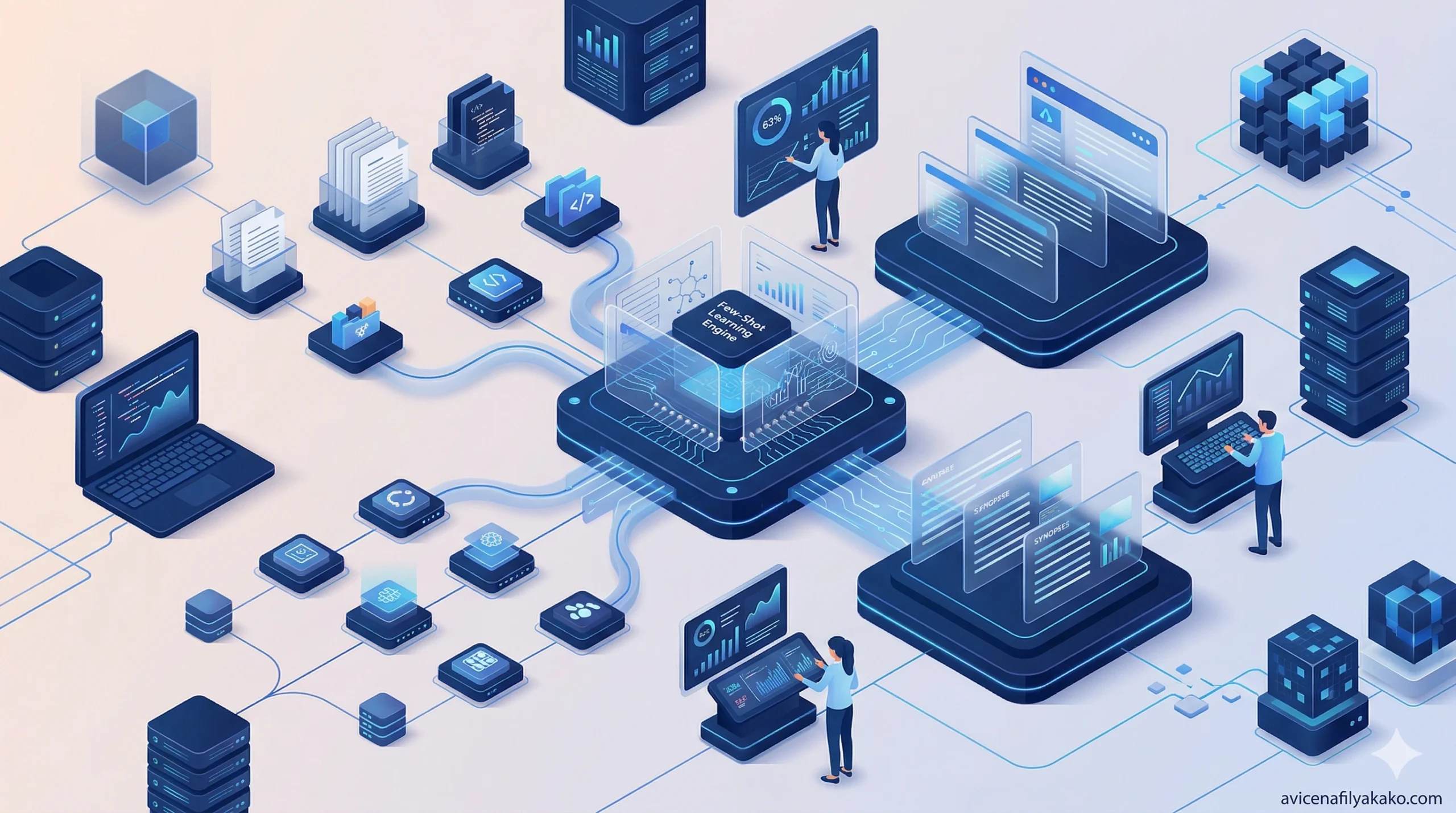 An infographic showing multiple data nodes connecting to a central processor, illustrating how Few-Shot Learning scales technical synopses.