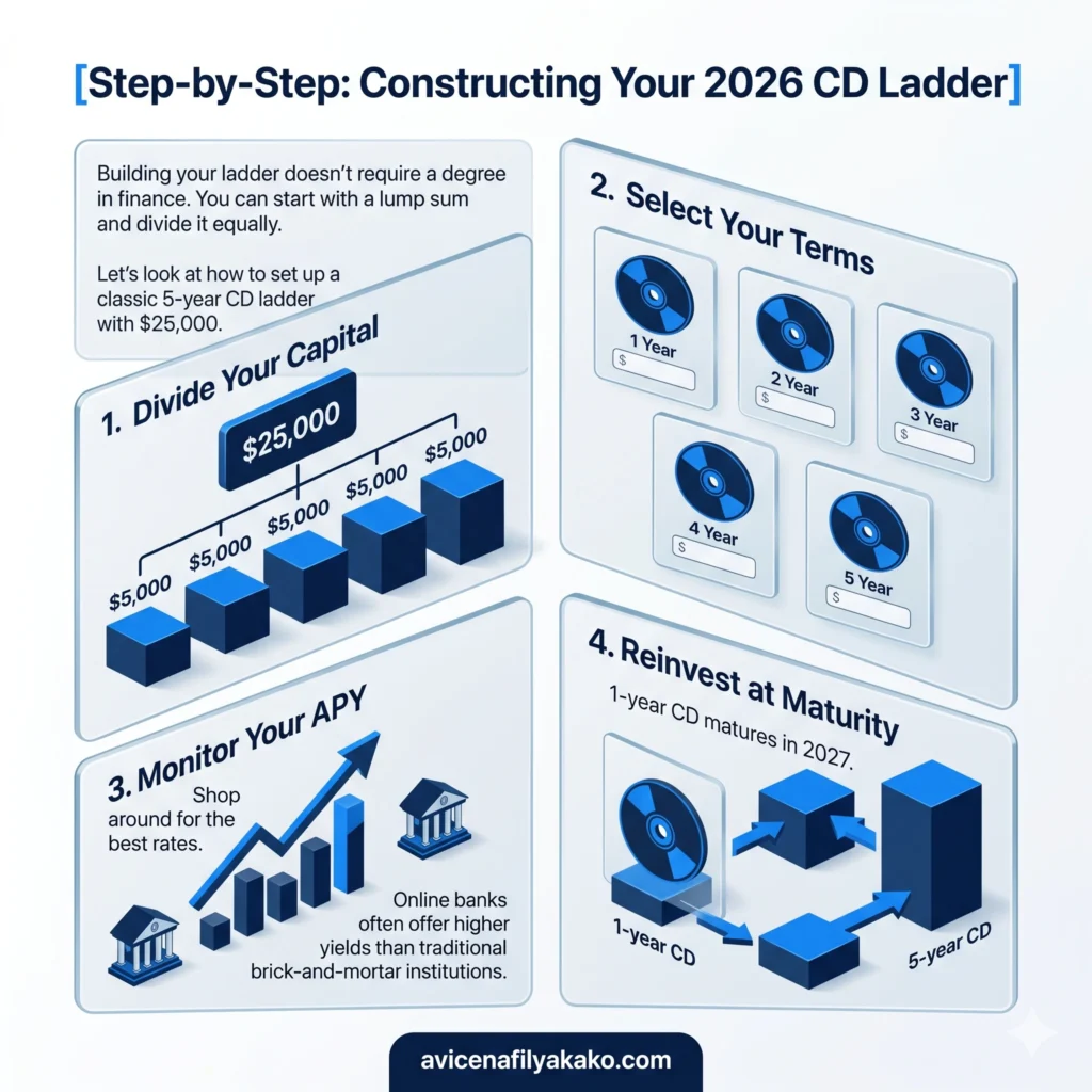 An infographic titled "Step-by-Step: Constructing Your 2026 CD Ladder" showing four stages: Divide Capital, Select Terms, Monitor APY, and Reinvest.