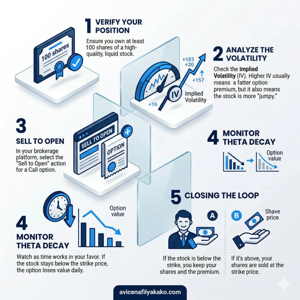 A detailed infographic titled "Step-by-Step Executing Your First Covered Call" covering position verification, volatility analysis, and closing the loop.