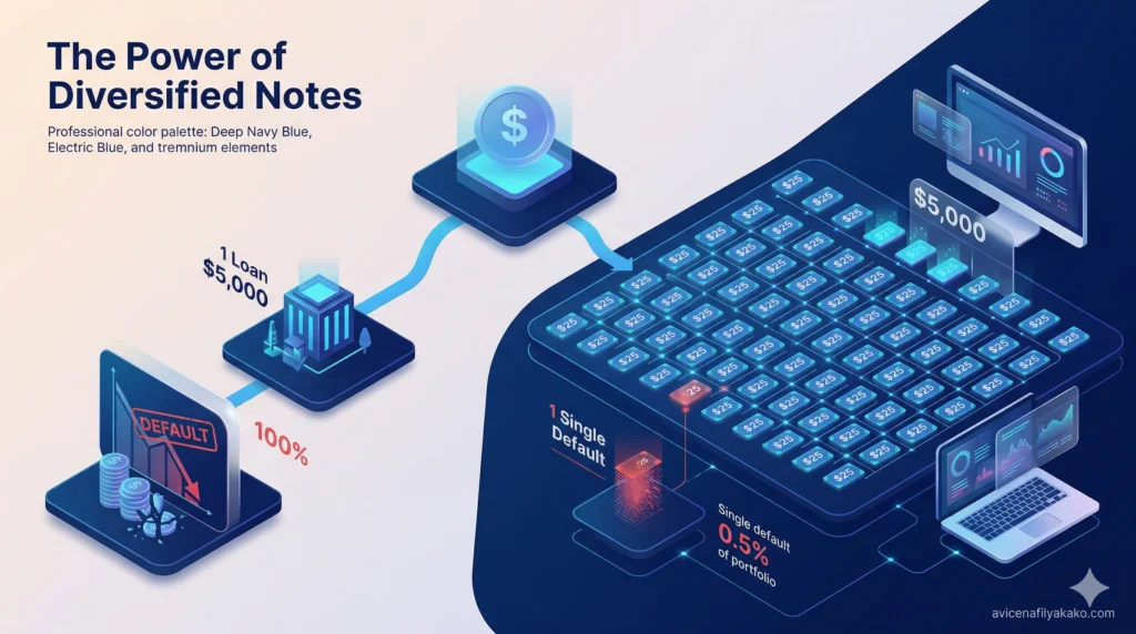A digital visualization of multiple small notes converging into a stable investment block, illustrating the diversification strategy in P2P Lending.