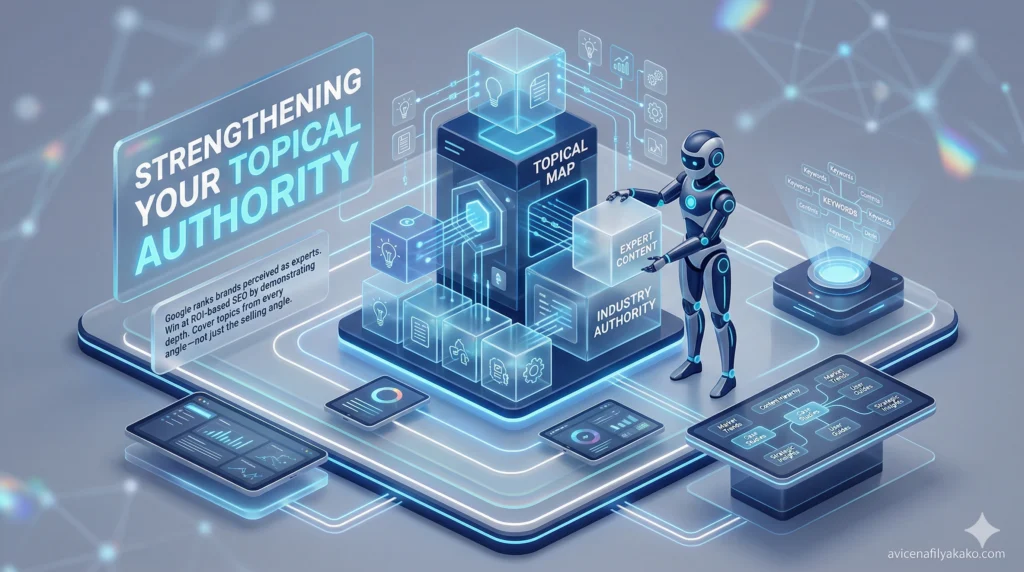 Strengthening Your Topical Authority - Image avicenafilyakako.com A futuristic laboratory-style 3D illustration showing an AI robot building topical authority modules to support a Revenue First content structure.