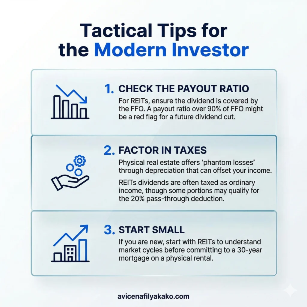 An infographic titled "Tactical Tips for the Modern Investor" listing steps like checking payout ratios and factoring in taxes for real estate assets.