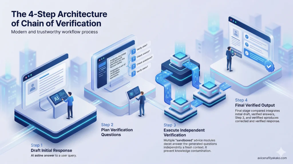 The 4-Step Architecture of Chain of Verification - Image avicenafilyakako.com A technical blueprint illustrating the four stages of Chain of Verification: Draft Response, Plan Verification Questions, Execute Independent Verification, and Final Verified Output.