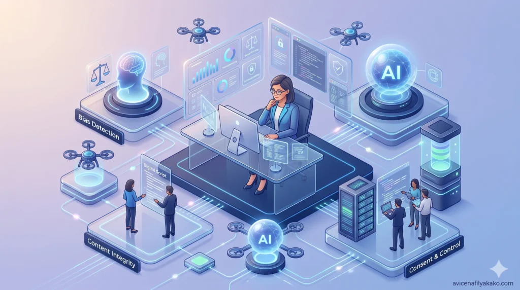 A futuristic illustration of a person interacting with diverse AI avatars, representing the ethical considerations of Persona-Driven representation.