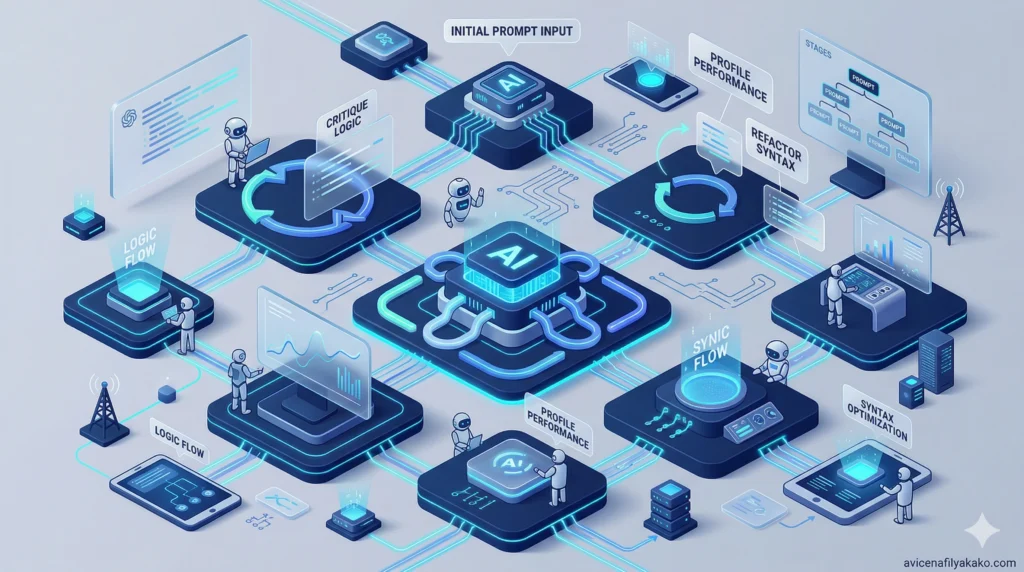 A 3D isometric visualization showing a circular data flow where AI outputs are fed back as inputs, representing the core logic of Recursive Prompting.