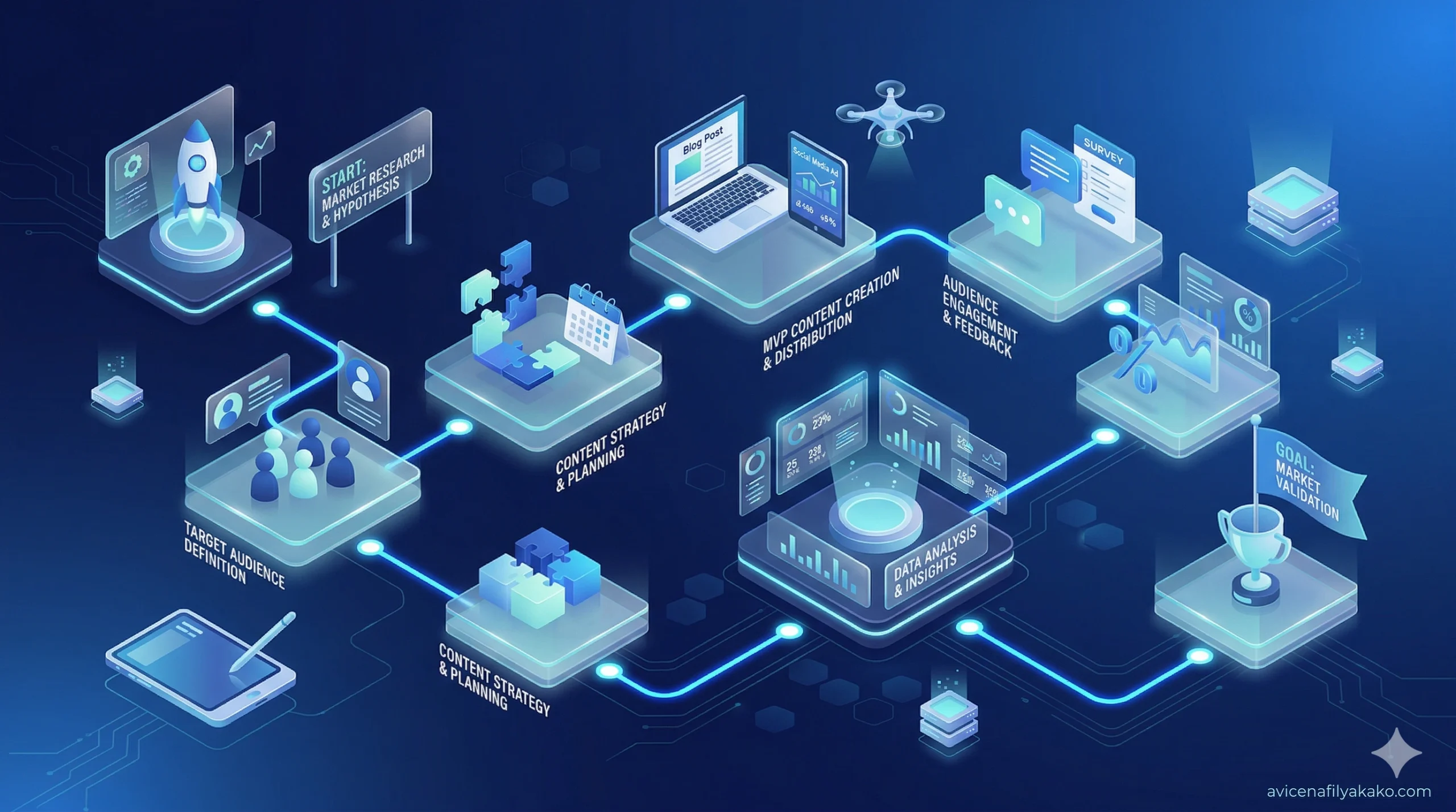 A flowchart-style illustration showing the path from content creation to market validation using an MVP Content map.
