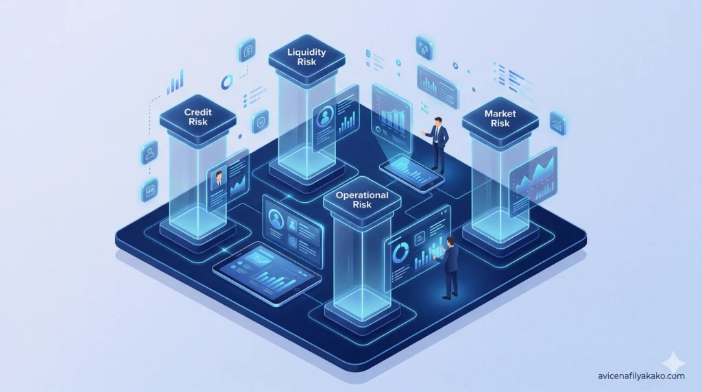 An isometric 3D visualization showing digital pillars representing different risk factors like default rates and platform liquidity within a P2P Lending ecosystem.
