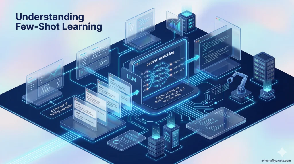 Understanding Few-Shot Learning in a Technical Context - Image avicenafilyakako.com A futuristic 3D isometric visualization representing the neural processing and data input structure of Few-Shot Learning.