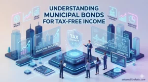 A 3D isometric visualization of a city skyline with glowing currency symbols, representing the tax-exempt interest generated by Municipal Bonds.