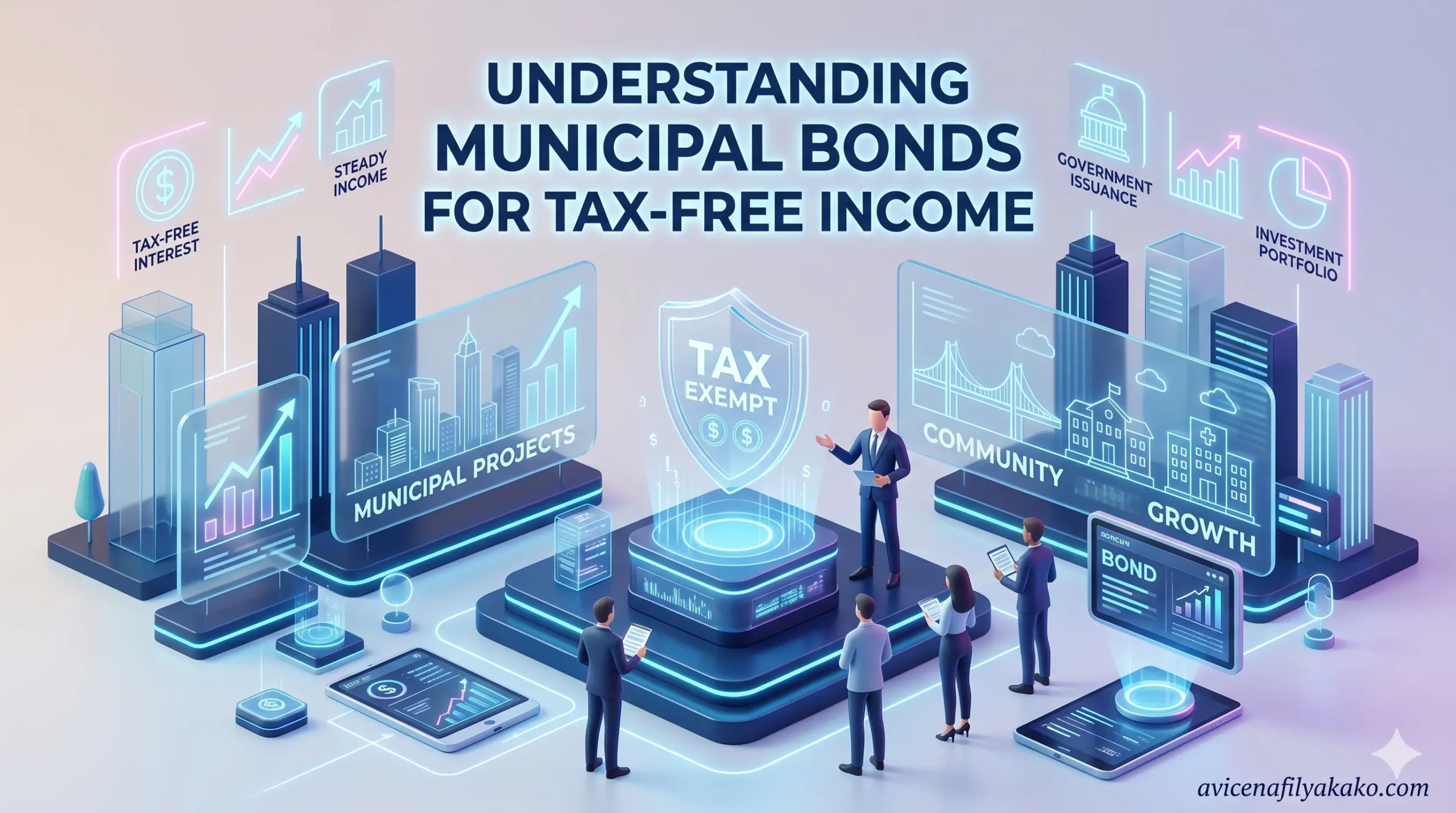 A 3D isometric visualization of a city skyline with glowing currency symbols, representing the tax-exempt interest generated by Municipal Bonds.