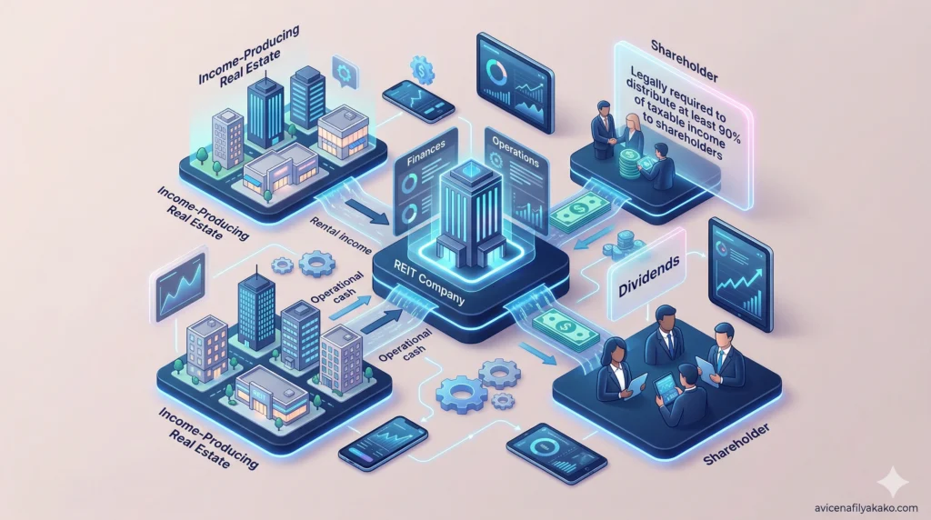 An isometric 3D visualization showing the cash flow mechanics of REITs, illustrating how they function similarly to an Index Fund for real estate.