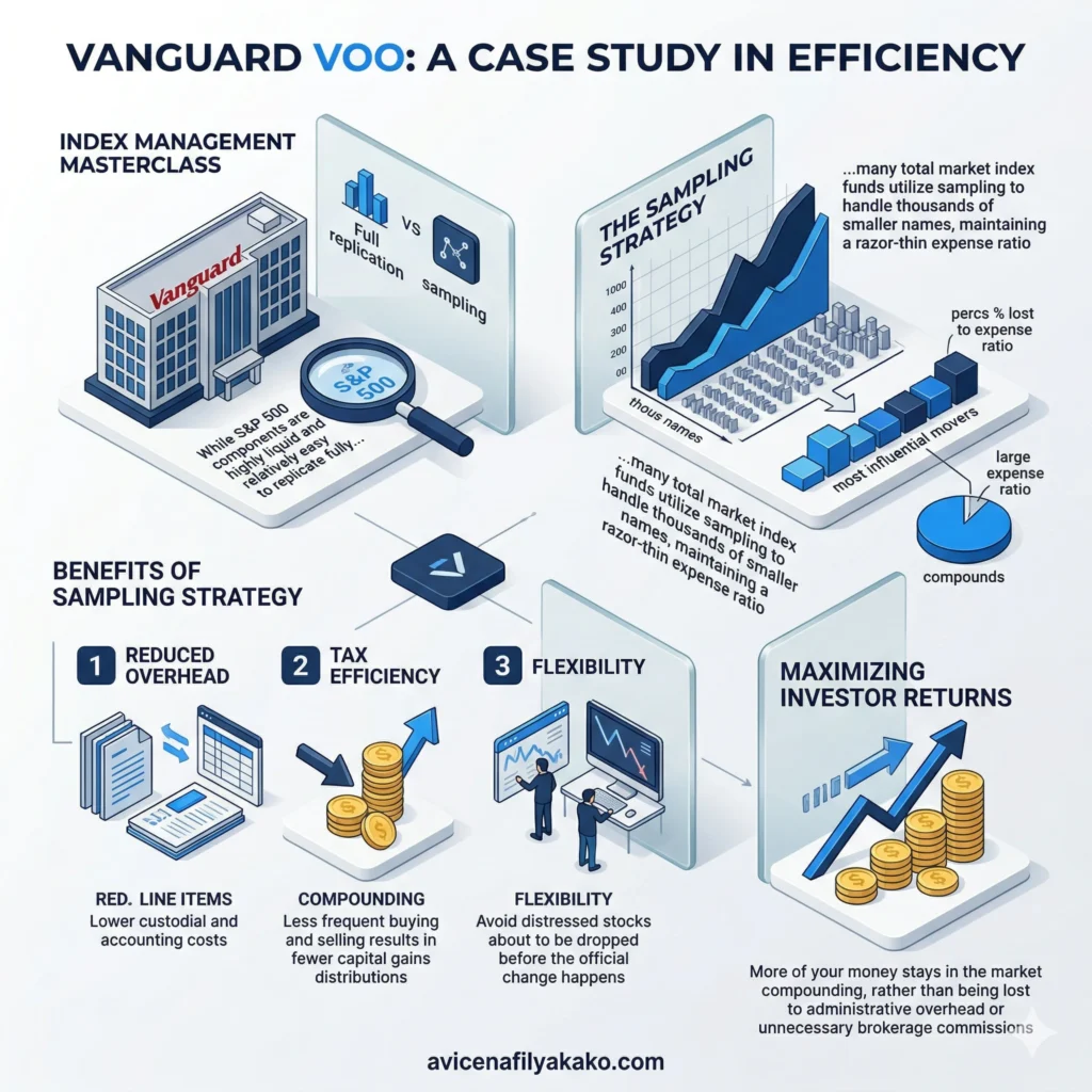 An infographic titled "Vanguard VOO: A Case Study in Efficiency" detailing the benefits of sampling, including reduced overhead and tax efficiency.