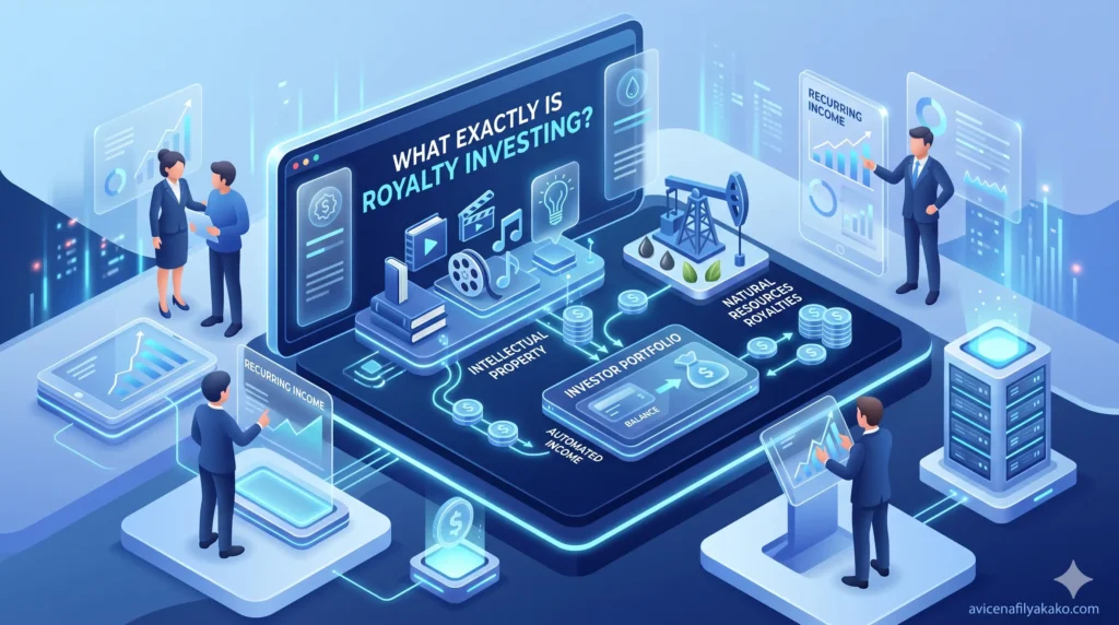 A 3D isometric visualization showing the flow of capital from intellectual property usage to investors, representing the core concept of Royalty Investing.