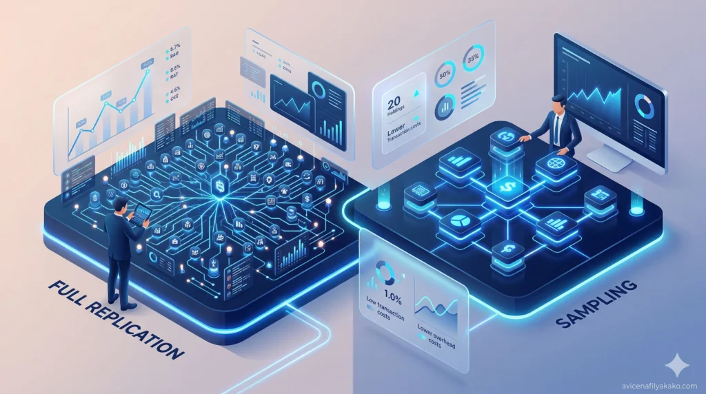 A side-by-side comparison of "Full Replication" vs. "Sampling" models in a blue-themed digital environment.