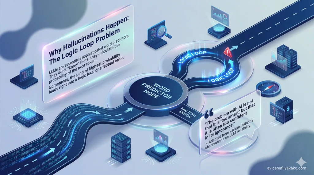 Why Hallucinations Happen The Logic Loop Problem - Image avicenafilyakako.com A conceptual illustration of a "Logic Loop Problem" on a digital road, showing how Chain of Verification prevents AI from falling into circular reasoning.