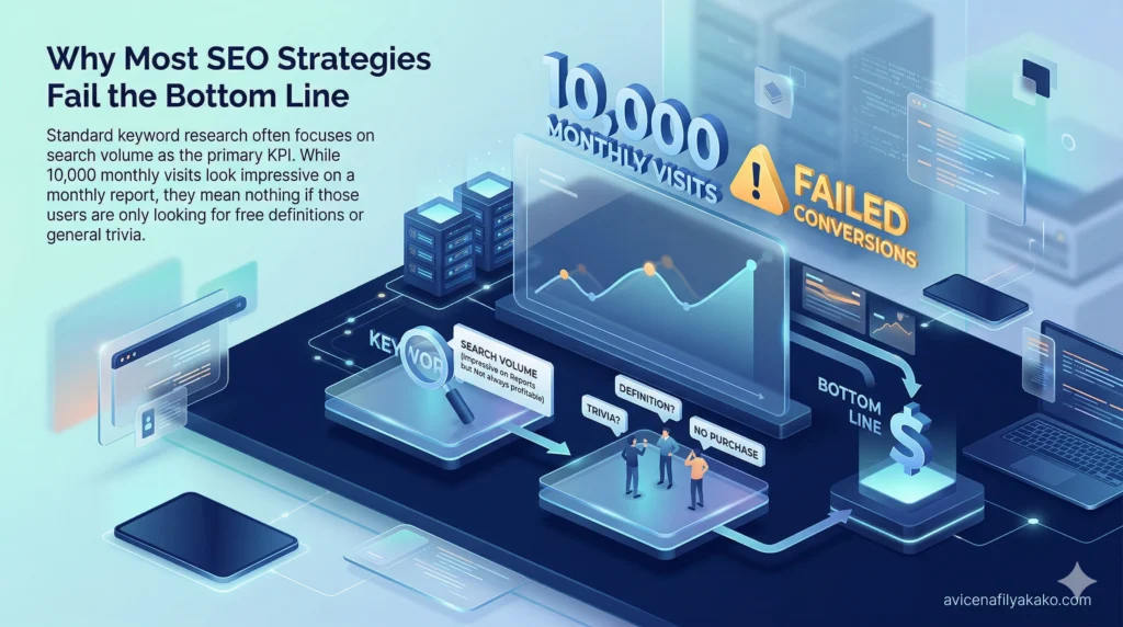Why Most SEO Strategies Fail the Bottom Line - Image avicenafilyakako.com An isometric 3D visualization showing a "Failed ROI" warning sign next to rising traffic graphs, illustrating why traffic without a Revenue First mindset fails the bottom line.