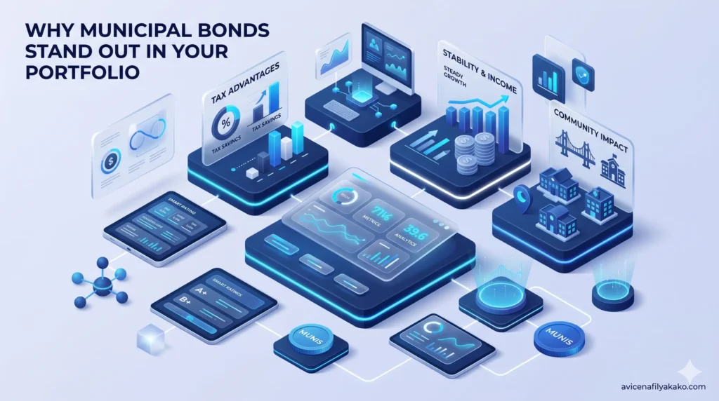 A digital illustration of public infrastructure projects—like bridges, schools, and hospitals—connected to a central Municipal Bonds investment hub.