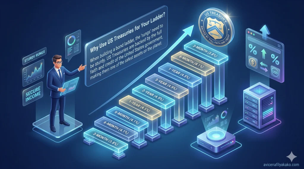 Why Use US Treasuries for Your Ladder - Image avicenafilyakako.com An isometric illustration showing a professional standing next to a rising staircase of gold coins and US Treasury icons, representing a secure Bond Ladder strategy.
