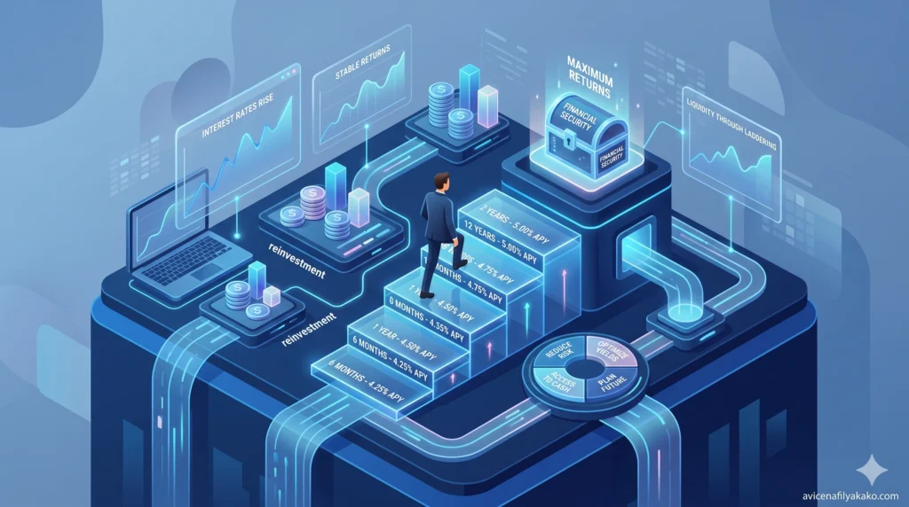 A digital illustration of a businessman walking up a glowing blue staircase representing a CD ladder strategy.