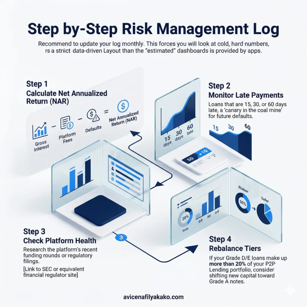 A vertical infographic titled "Step-by-Step Risk Management Log" detailing 4 steps: Calculate NAR, Monitor Late Payments, Check Platform Health, and Rebalance Tier for P2P Lending.
