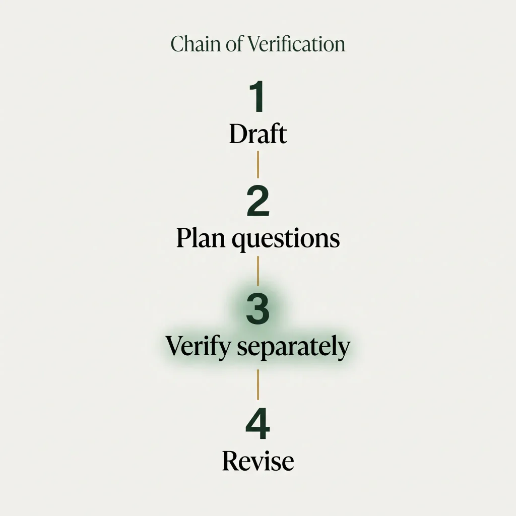 Chain of verification prompting in four steps: draft, plan questions, answer each in a fresh chat, revise