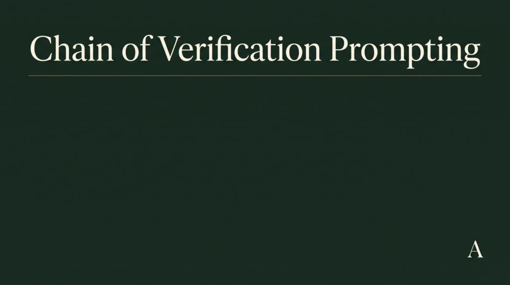 Editorial cover reading Chain of Verification Prompting, dark green background with a thin gold line
