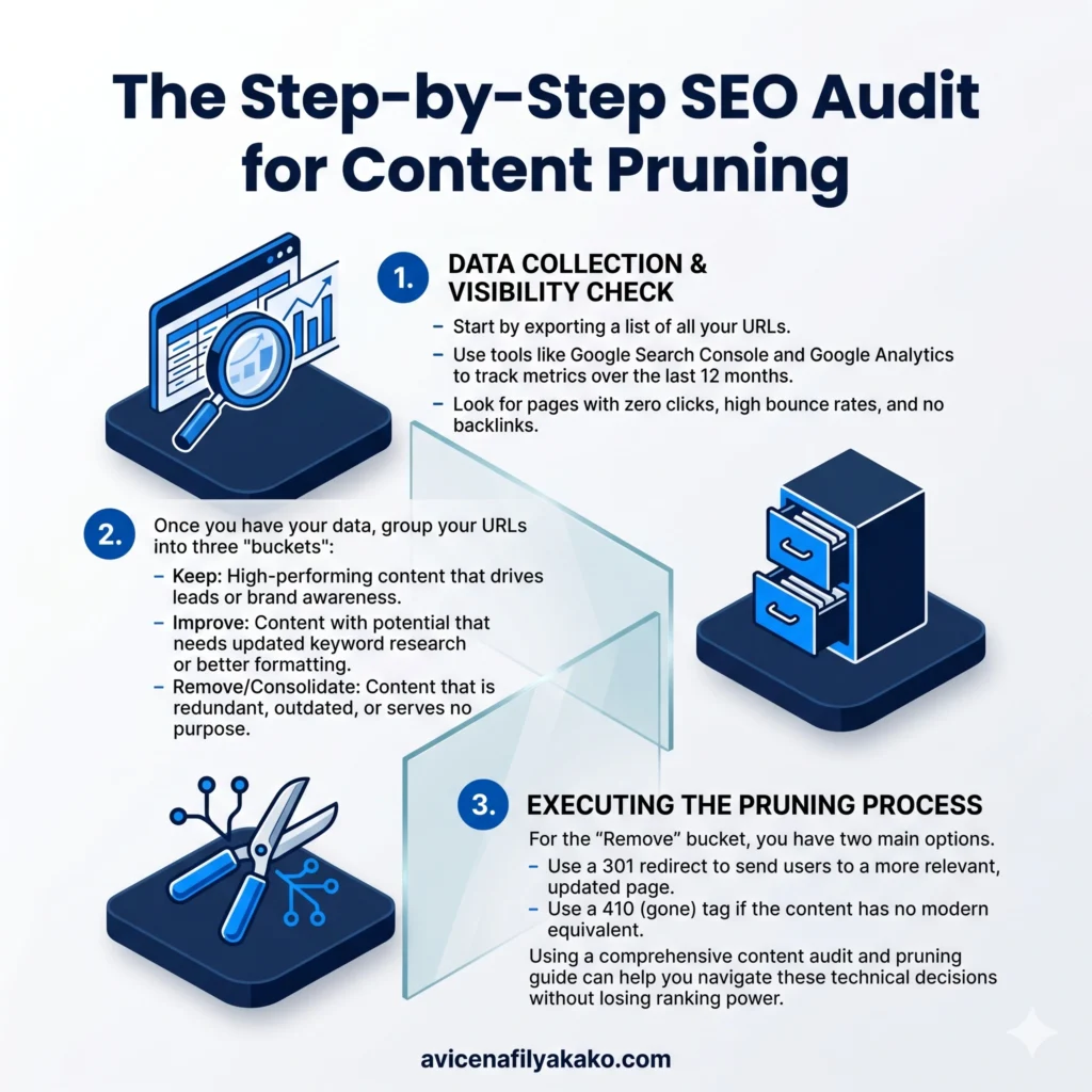 The Step-by-Step SEO Audit for Content Pruning - Infographic avicenafilyakako.com