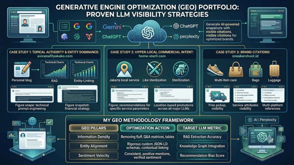 Generative Engine Optimization portfolio infographic showing proven LLM visibility strategies, GEO methodology frameworks, and three case studies for optimization.