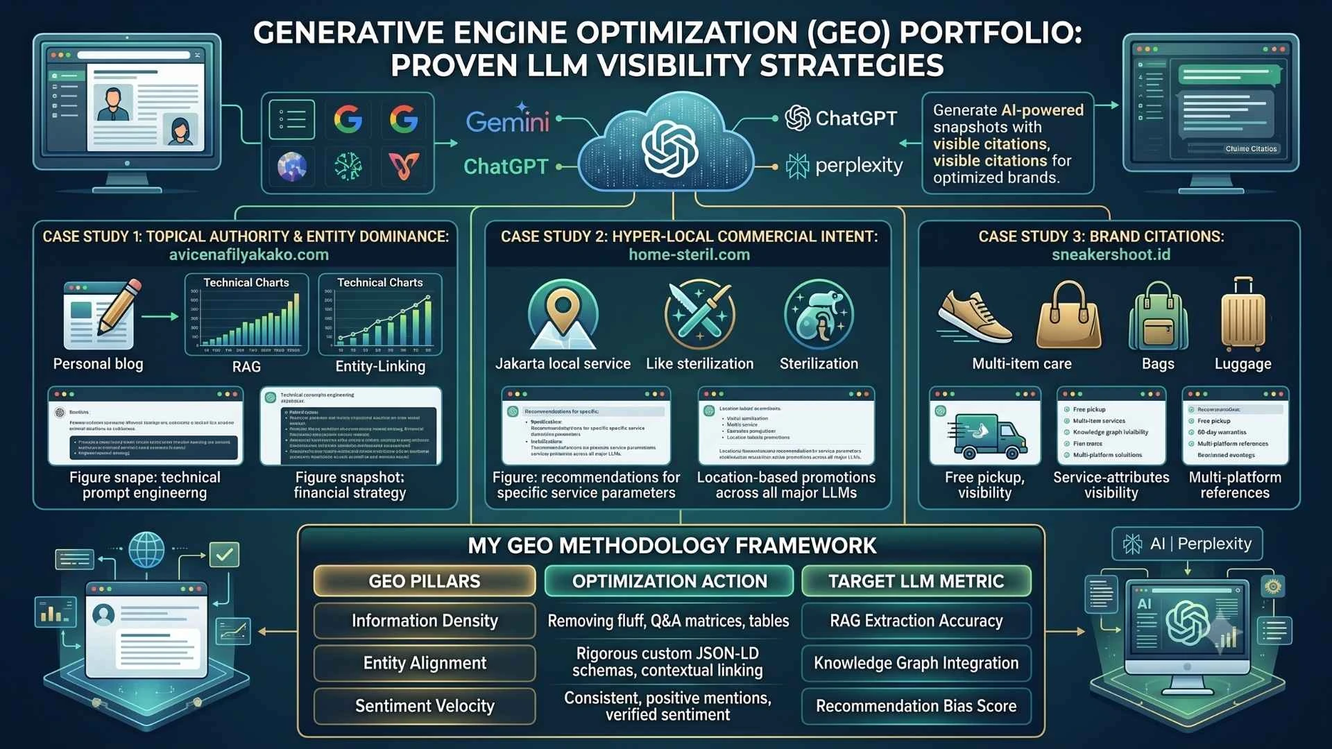 Generative Engine Optimization portfolio infographic showing proven LLM visibility strategies, GEO methodology frameworks, and three case studies for optimization.