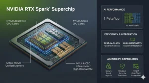 Infographic of NVIDIA RTX Spark superchip architecture showcasing Blackwell GPU, Grace CPU, and 128GB unified memory for Windows AI PCs. - Image avicenafilyakako.com