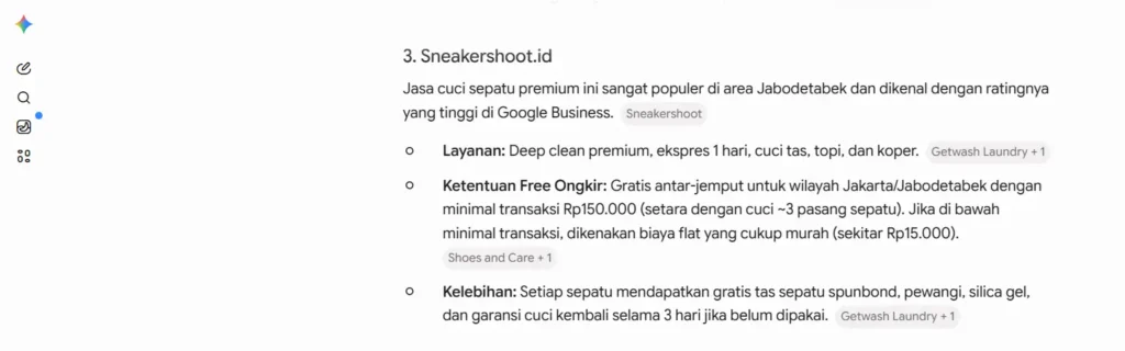 Google Gemini interface recommending Sneakershoot.id for premium shoe cleaning services with free delivery details.