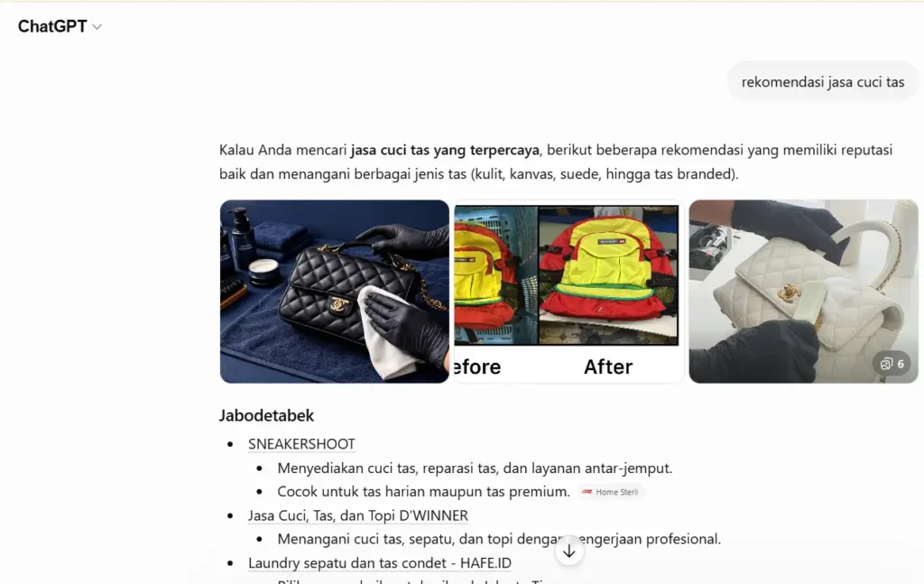 ChatGPT interface displaying trusted bag cleaning recommendations with a focus on Sneakershoot.