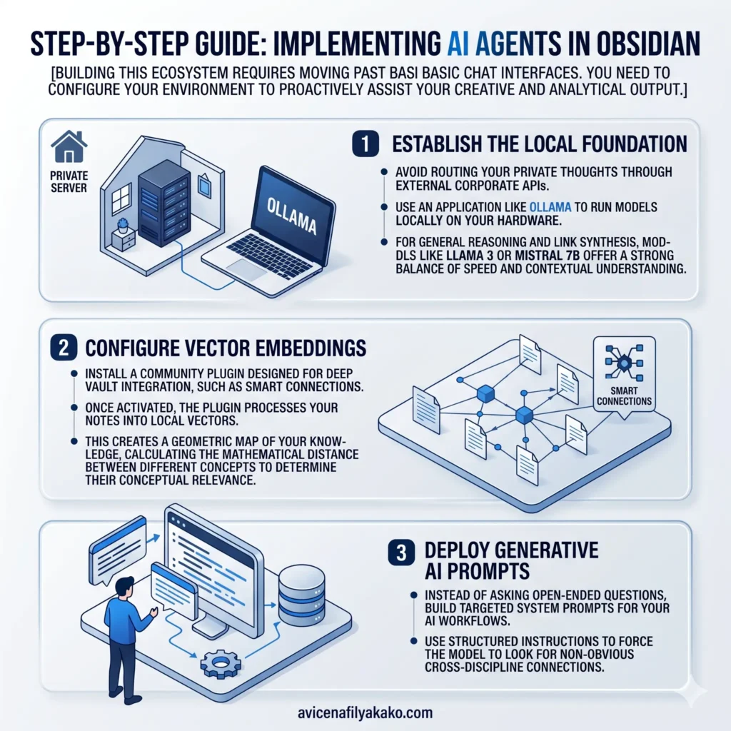 Step-by-Step Guide Implementing AI Agents in Obsidian - Infographic avicenafilyakako.com
