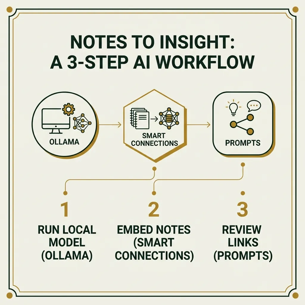 Three steps: run models with Ollama, embed notes with Smart Connections, review links with prompts