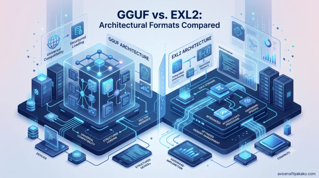 Architectural comparison diagram between GGUF and EXL2 model quantization formats.