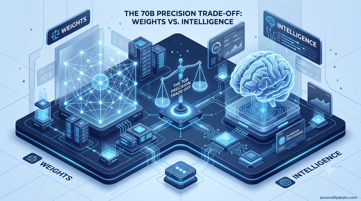An Image illustrating the precision trade-off between weights and intelligence in 70B model quantization.