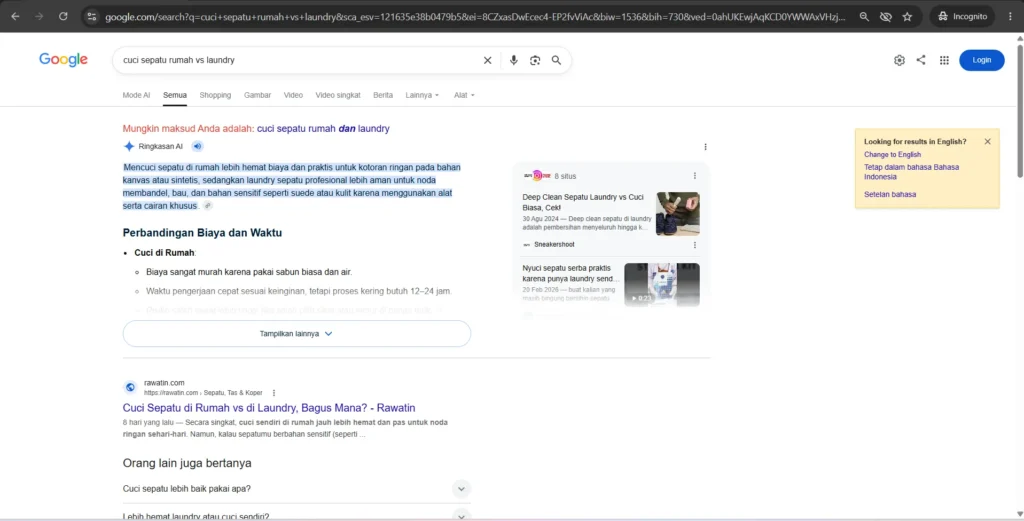 Google search results for "cuci sepatu rumah vs laundry" showing a rawatin.com article in the first organic position